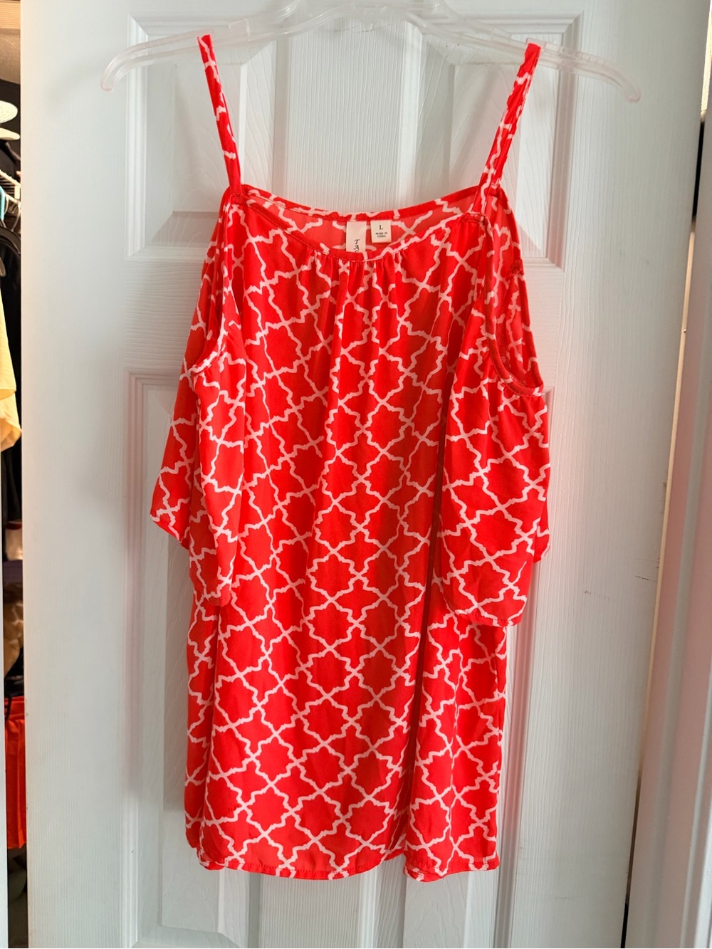 Tacera Red and White Geometric Cold-Shoulder Dress